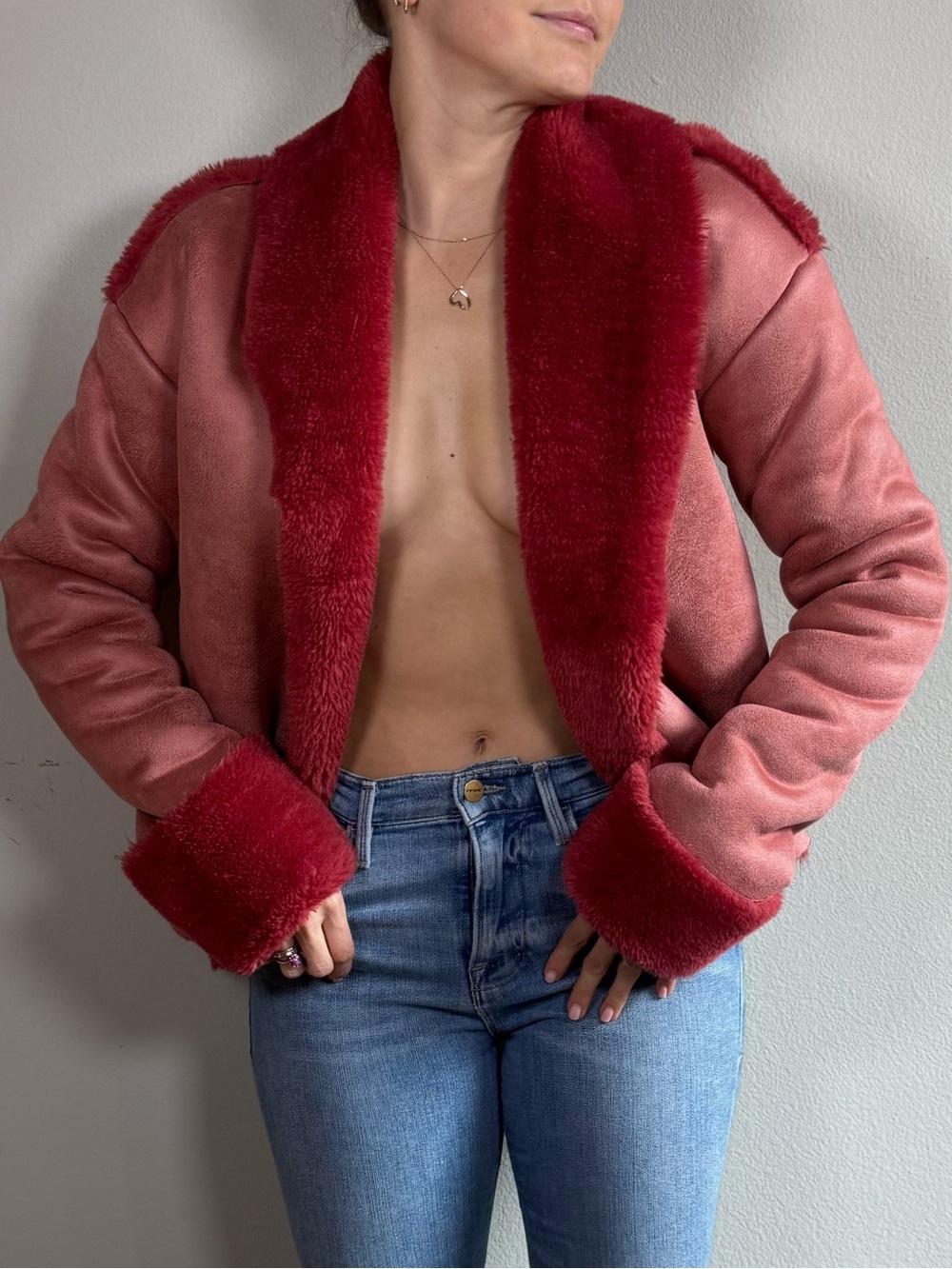 Judith March Red Faux Shearling Teddy Jacket with Deep-Red Trim